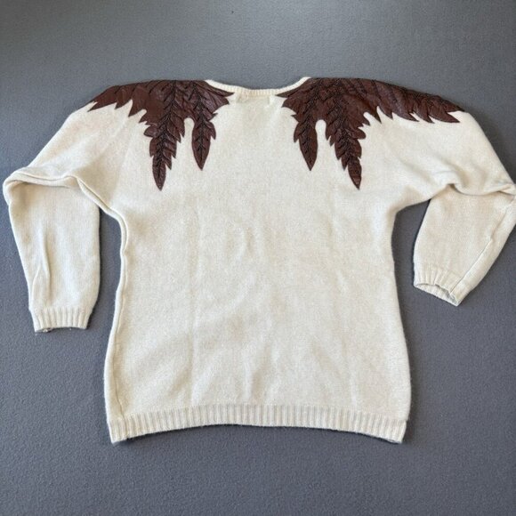 Vintage Emilio Rossi Lambswool Angora Sweater White Knitted Brown Leafs Sz M - Picture 12 of 13